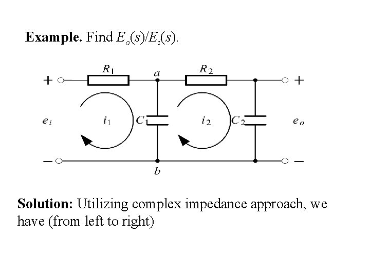 Example. Find Eo(s)/Ei(s). Solution: Utilizing complex impedance approach, we have (from left to right)