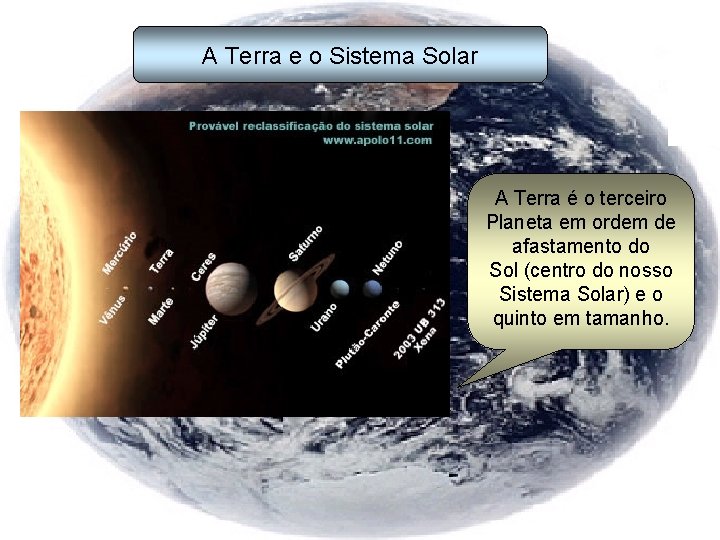 A Terra e o Sistema Solar A Terra é o terceiro Planeta em ordem