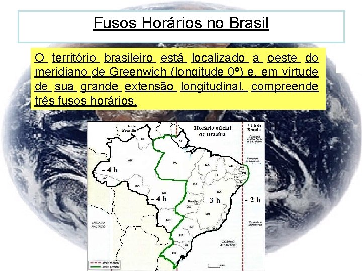 Fusos Horários no Brasil O território brasileiro está localizado a oeste do meridiano de