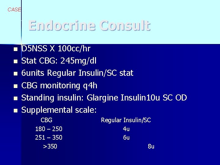 CASE Endocrine Consult n n n D 5 NSS X 100 cc/hr Stat CBG: