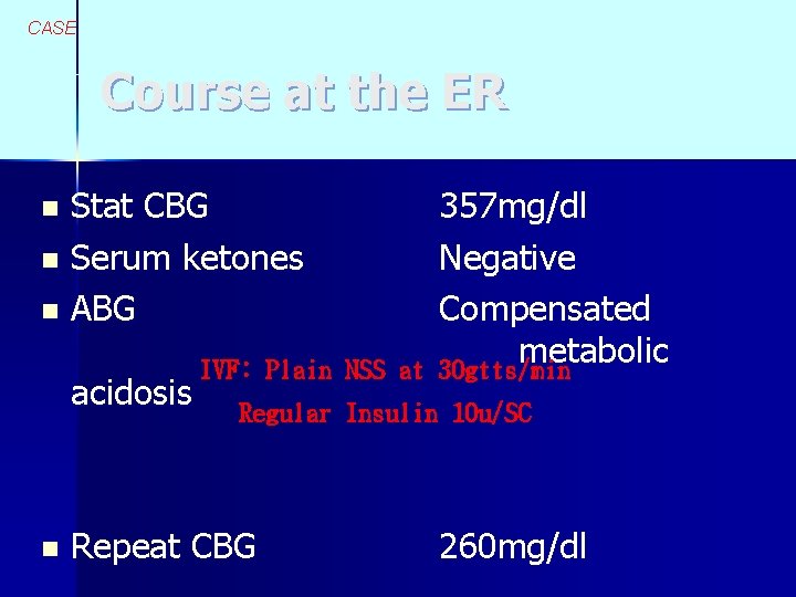 CASE Course at the ER Stat CBG n Serum ketones n ABG n acidosis