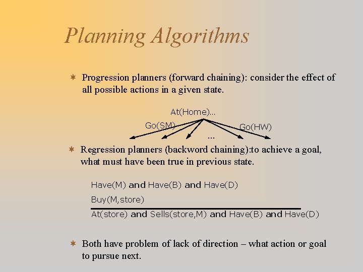 Planning Algorithms ¬ Progression planners (forward chaining): consider the effect of all possible actions