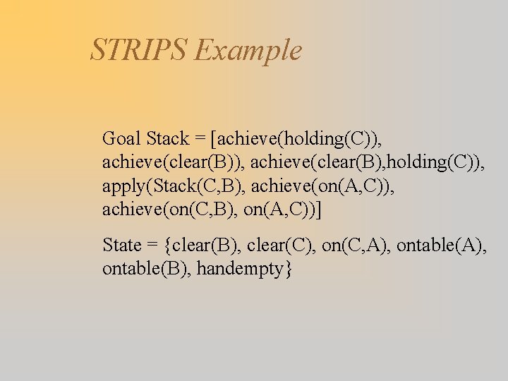 STRIPS Example Goal Stack = [achieve(holding(C)), achieve(clear(B), holding(C)), apply(Stack(C, B), achieve(on(A, C)), achieve(on(C, B),