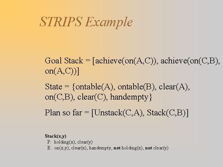 STRIPS Example Goal Stack = [achieve(on(A, C)), achieve(on(C, B), on(A, C))] State = {ontable(A),