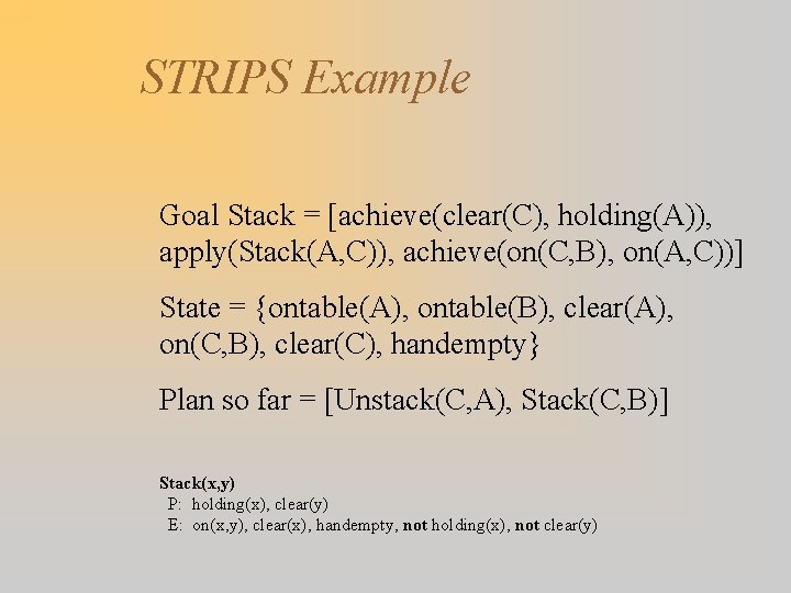 STRIPS Example Goal Stack = [achieve(clear(C), holding(A)), apply(Stack(A, C)), achieve(on(C, B), on(A, C))] State