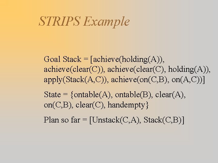 STRIPS Example Goal Stack = [achieve(holding(A)), achieve(clear(C), holding(A)), apply(Stack(A, C)), achieve(on(C, B), on(A, C))]