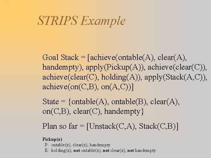 STRIPS Example Goal Stack = [achieve(ontable(A), clear(A), handempty), apply(Pickup(A)), achieve(clear(C), holding(A)), apply(Stack(A, C)), achieve(on(C,