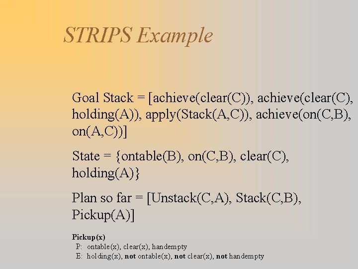 STRIPS Example Goal Stack = [achieve(clear(C)), achieve(clear(C), holding(A)), apply(Stack(A, C)), achieve(on(C, B), on(A, C))]