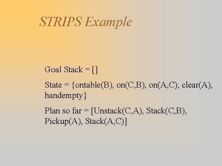 STRIPS Example Goal Stack = [] State = {ontable(B), on(C, B), on(A, C), clear(A),