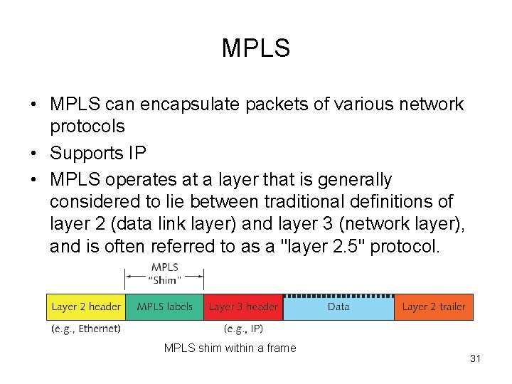 MPLS • MPLS can encapsulate packets of various network protocols • Supports IP •