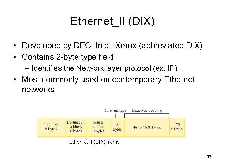 Ethernet_II (DIX) • Developed by DEC, Intel, Xerox (abbreviated DIX) • Contains 2 -byte