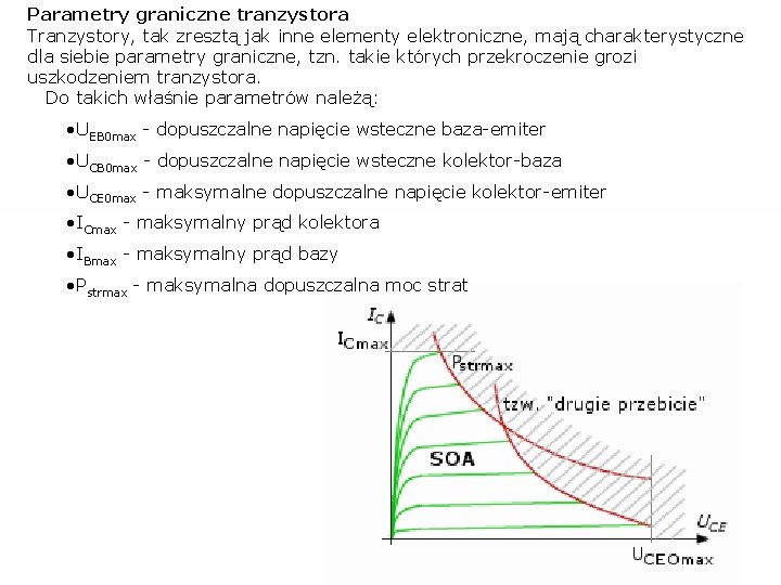 Parametry graniczne tranzystora Tranzystory, tak zresztą jak inne elementy elektroniczne, mają charakterystyczne dla siebie
