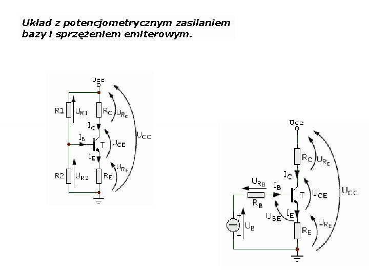 Układ z potencjometrycznym zasilaniem bazy i sprzężeniem emiterowym. Układ z potencjometrycznym zasilaniem bazy i sprzężeniem emiterowym.