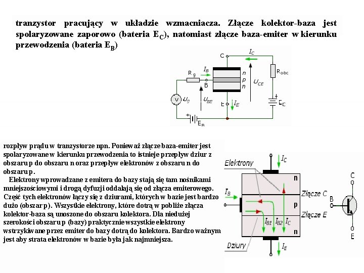 tranzystor pracujący w układzie wzmacniacza. Złącze kolektor-baza jest spolaryzowane zaporowo (bateria EC), natomiast złącze