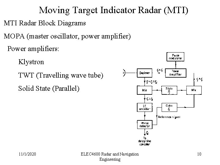 Moving Target Indicator Radar (MTI) MTI Radar Block Diagrams MOPA (master oscillator, power amplifier)