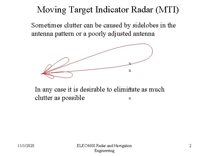 Moving Target Indicator Radar (MTI) Sometimes clutter can be caused by sidelobes in the