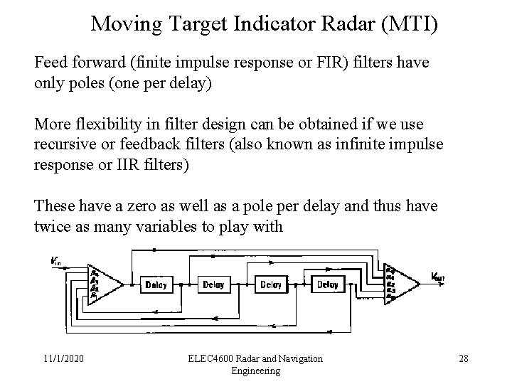 Moving Target Indicator Radar (MTI) Feed forward (finite impulse response or FIR) filters have