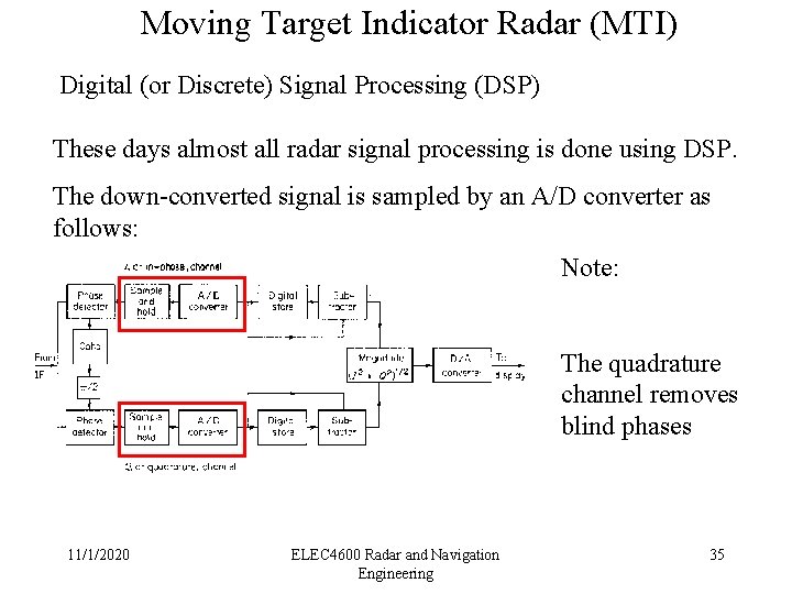 Moving Target Indicator Radar (MTI) Digital (or Discrete) Signal Processing (DSP) These days almost