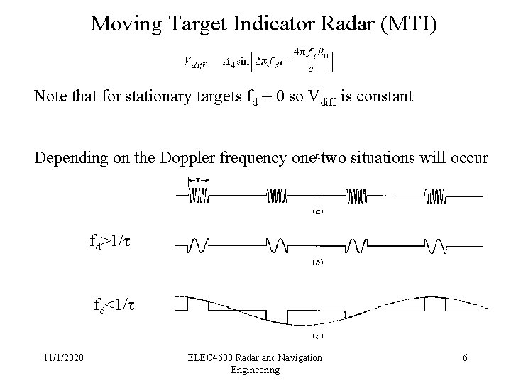 Moving Target Indicator Radar (MTI) Note that for stationary targets fd = 0 so