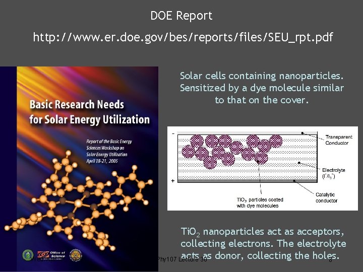 DOE Report http: //www. er. doe. gov/bes/reports/files/SEU_rpt. pdf Solar cells containing nanoparticles. Sensitized by