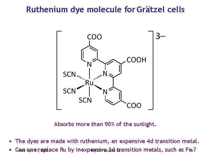 Ruthenium dye molecule for Grätzel cells Absorbs more than 90% of the sunlight. •