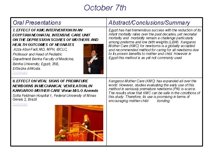 October 7 th Oral Presentations Abstract/Conclusions/Summary 7. EFFECT OF KMC INTERVENTION IN AN EGYPTIAN