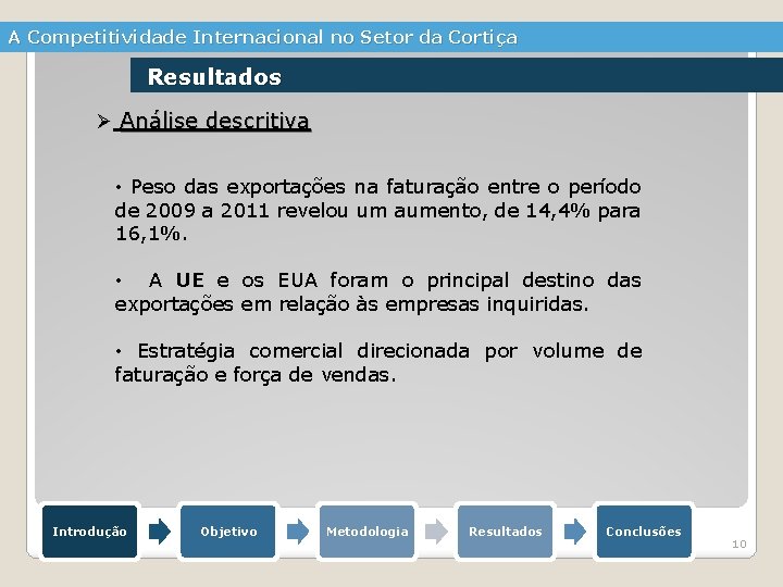 A Competitividade Internacional no Setor da Cortiça Resultados Ø Análise descritiva • Peso das
