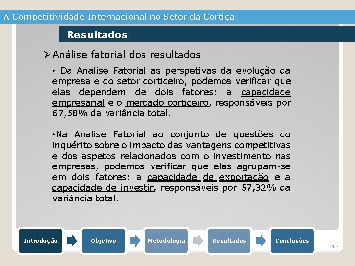 A Competitividade Internacional no Setor da Cortiça Resultados ØAnálise fatorial dos resultados • Da