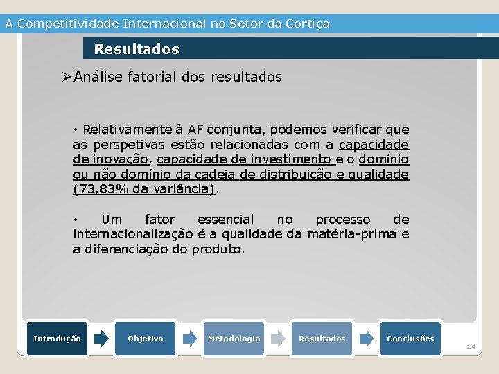 A Competitividade Internacional no Setor da Cortiça Resultados ØAnálise fatorial dos resultados • Relativamente