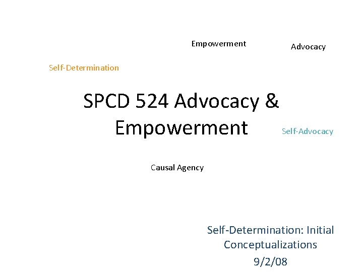 Empowerment Advocacy Self-Determination SPCD 524 Advocacy & Self-Advocacy Empowerment Causal Agency Self-Determination: Initial Conceptualizations