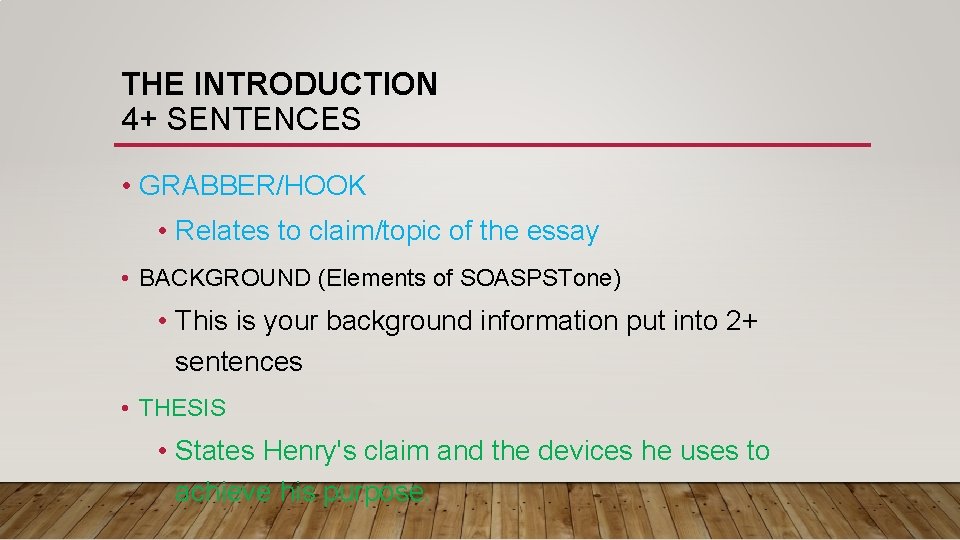 THE INTRODUCTION 4+ SENTENCES • GRABBER/HOOK • Relates to claim/topic of the essay •