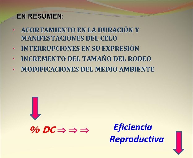 EN RESUMEN: ACORTAMIENTO EN LA DURACIÓN Y MANIFESTACIONES DEL CELO INTERRUPCIONES EN SU EXPRESIÓN