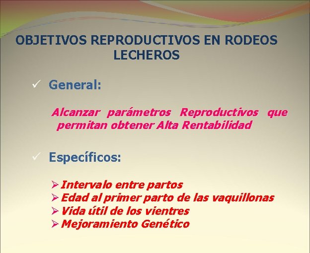 OBJETIVOS REPRODUCTIVOS EN RODEOS LECHEROS ü General: Alcanzar parámetros Reproductivos que permitan obtener Alta