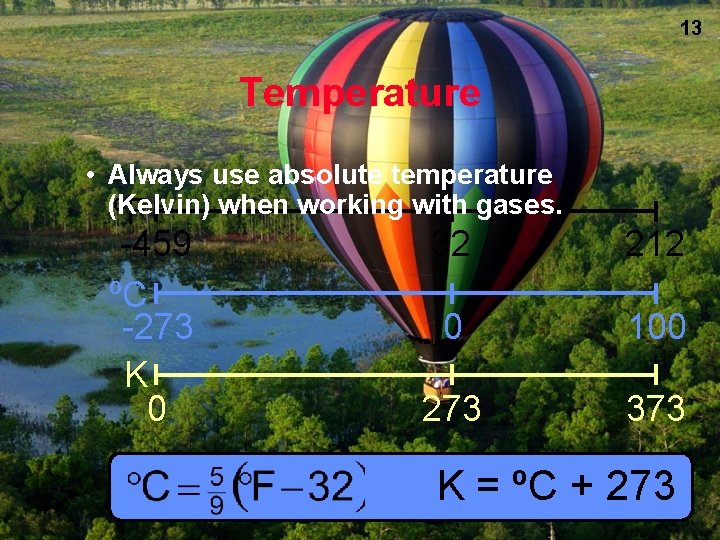 13 Temperature • Always use absolute temperature (Kelvin) when working with gases. ºF -459