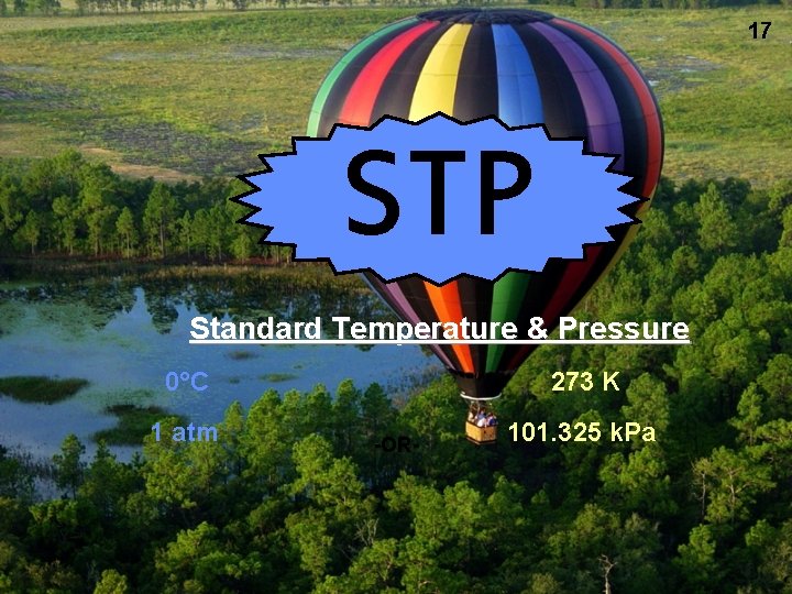 17 STP Standard Temperature & Pressure 0°C 1 atm 273 K -OR- 101. 325