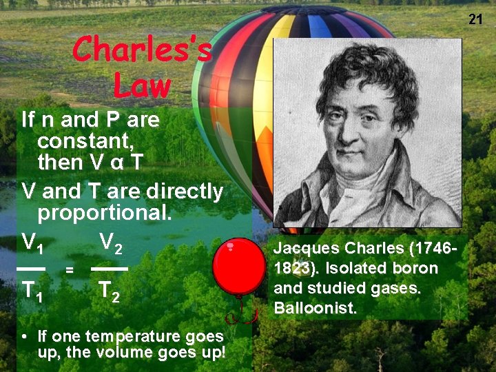 21 Charles’s Law If n and P are constant, then V α T V