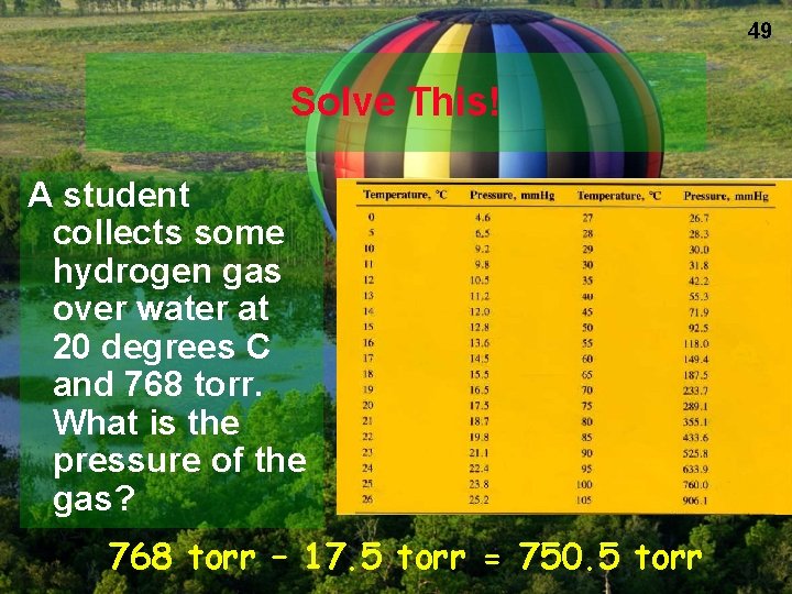 49 Solve This! A student collects some hydrogen gas over water at 20 degrees