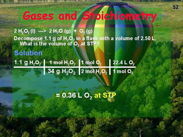 Gases and Stoichiometry 2 H 2 O 2 (l) ---> 2 H 2 O