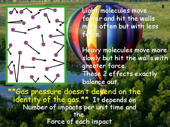 Light molecules move faster and hit the walls more often but with less force.