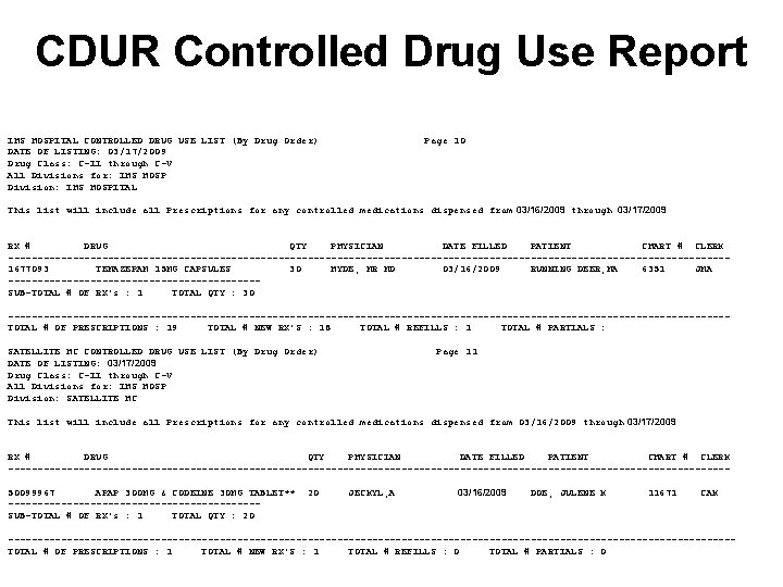 CDUR Controlled Drug Use Report IHS HOSPITAL CONTROLLED DRUG USE LIST (By Drug Order)