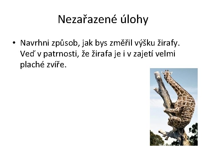 Nezařazené úlohy • Navrhni způsob, jak bys změřil výšku žirafy. Veď v patrnosti, že