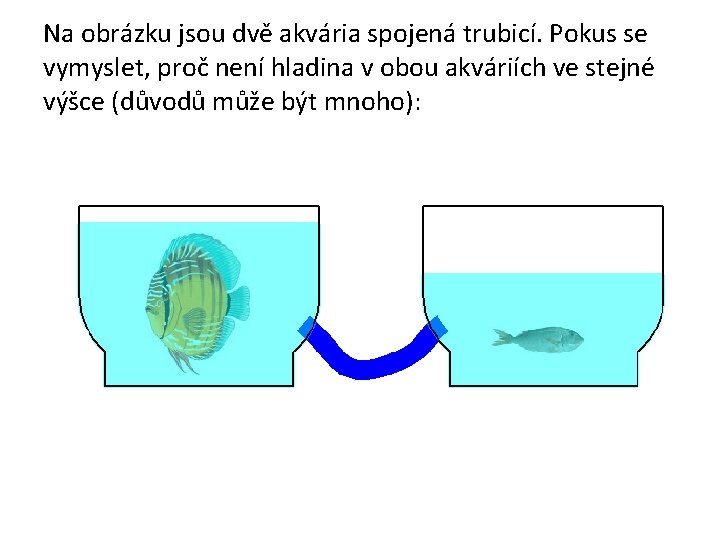 Na obrázku jsou dvě akvária spojená trubicí. Pokus se vymyslet, proč není hladina v