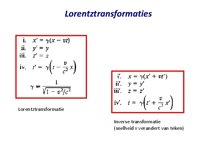 Lorentztransformaties Lorentztransformatie Inverse transformatie (snelheid v verandert van teken) Lorentztransformaties Lorentztransformatie Inverse transformatie (snelheid v verandert van teken)