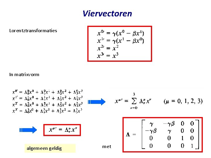 Viervectoren Lorentztransformaties In matrixvorm algemeen geldig September 16, 2020 met Jo van den Brand Viervectoren Lorentztransformaties In matrixvorm algemeen geldig September 16, 2020 met Jo van den Brand