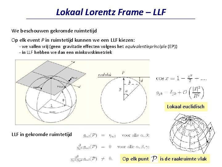 Lokaal Lorentz Frame – LLF We beschouwen gekromde ruimtetijd Op elk event P in Lokaal Lorentz Frame – LLF We beschouwen gekromde ruimtetijd Op elk event P in