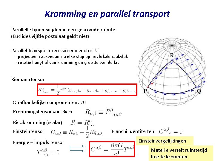 Kromming en parallel transport Parallelle lijnen snijden in een gekromde ruimte (Euclides vijfde postulaat Kromming en parallel transport Parallelle lijnen snijden in een gekromde ruimte (Euclides vijfde postulaat