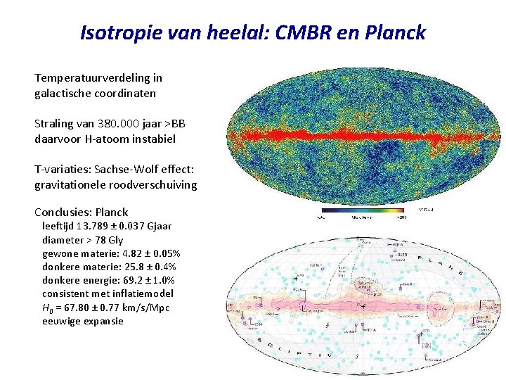 Isotropie van heelal: CMBR en Planck Temperatuurverdeling in galactische coordinaten Straling van 380. 000 Isotropie van heelal: CMBR en Planck Temperatuurverdeling in galactische coordinaten Straling van 380. 000
