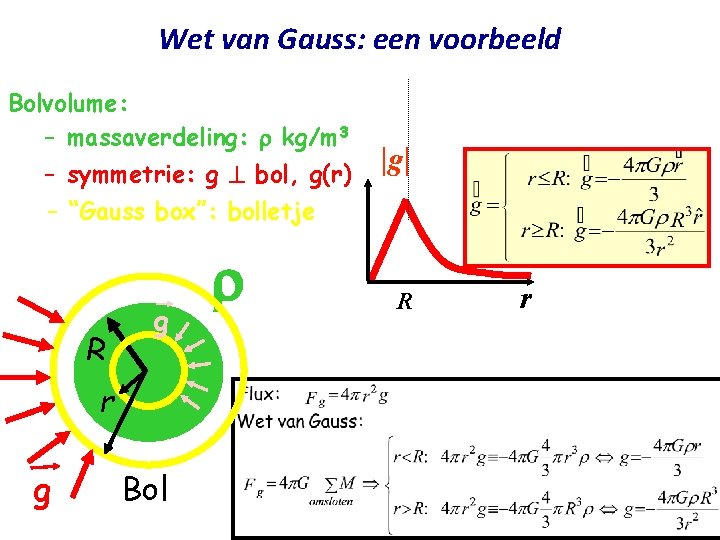 Wet van Gauss: een voorbeeld Bolvolume: – massaverdeling: kg/m 3 – symmetrie: g bol, Wet van Gauss: een voorbeeld Bolvolume: – massaverdeling: kg/m 3 – symmetrie: g bol,
