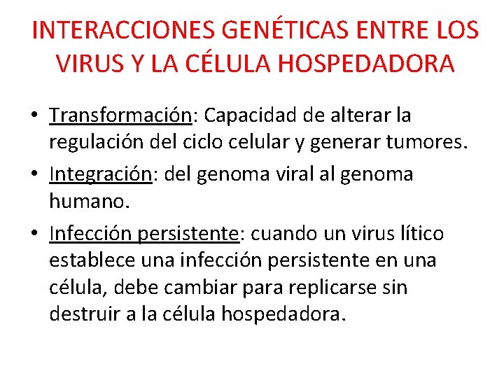 INTERACCIONES GENÉTICAS ENTRE LOS VIRUS Y LA CÉLULA HOSPEDADORA • Transformación: Capacidad de alterar