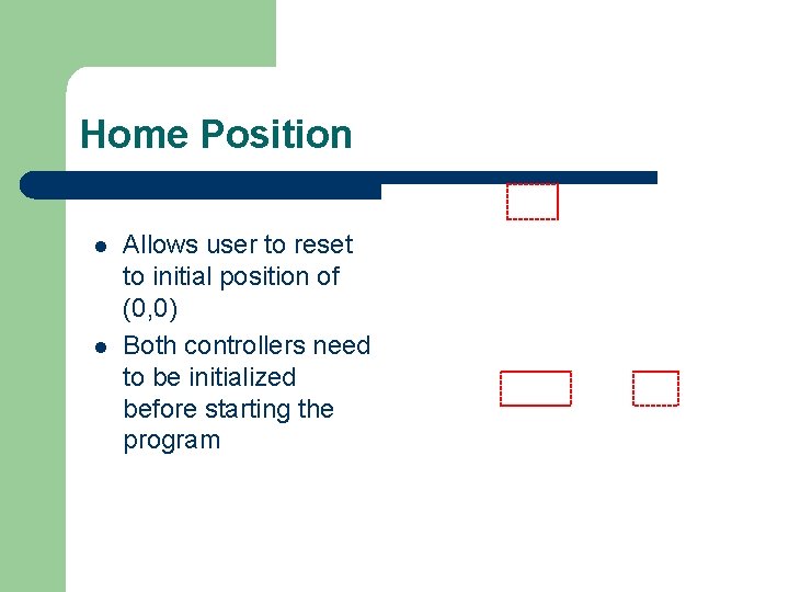 Home Position l l Allows user to reset to initial position of (0, 0) Home Position l l Allows user to reset to initial position of (0, 0)